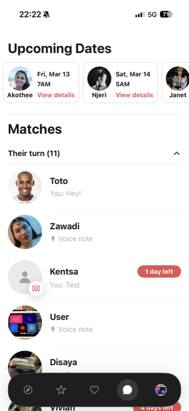 Messages and upcoming dates on Mapenzi